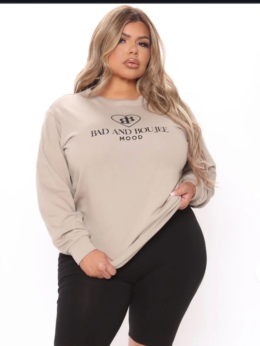 Fashion Nova Beige "Bad and Boujee" Graphic Sweatshirt